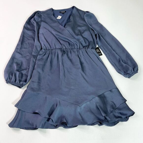 Express Wrap Dress Women's Medium Blue Balloon Sleeve Ruffle V-Neck Pleated NWT - Picture 1 of 12